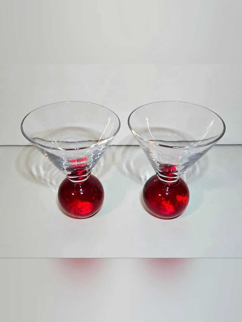 MCM Red Controlled Bubble Base Martini Glass Set of 2 Vintage Art Deco Drinkware